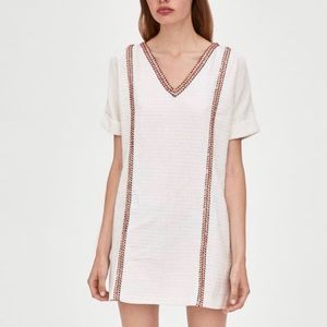 Zara Cream Embroidered V-Neck Short Sleeve Tweed Dress